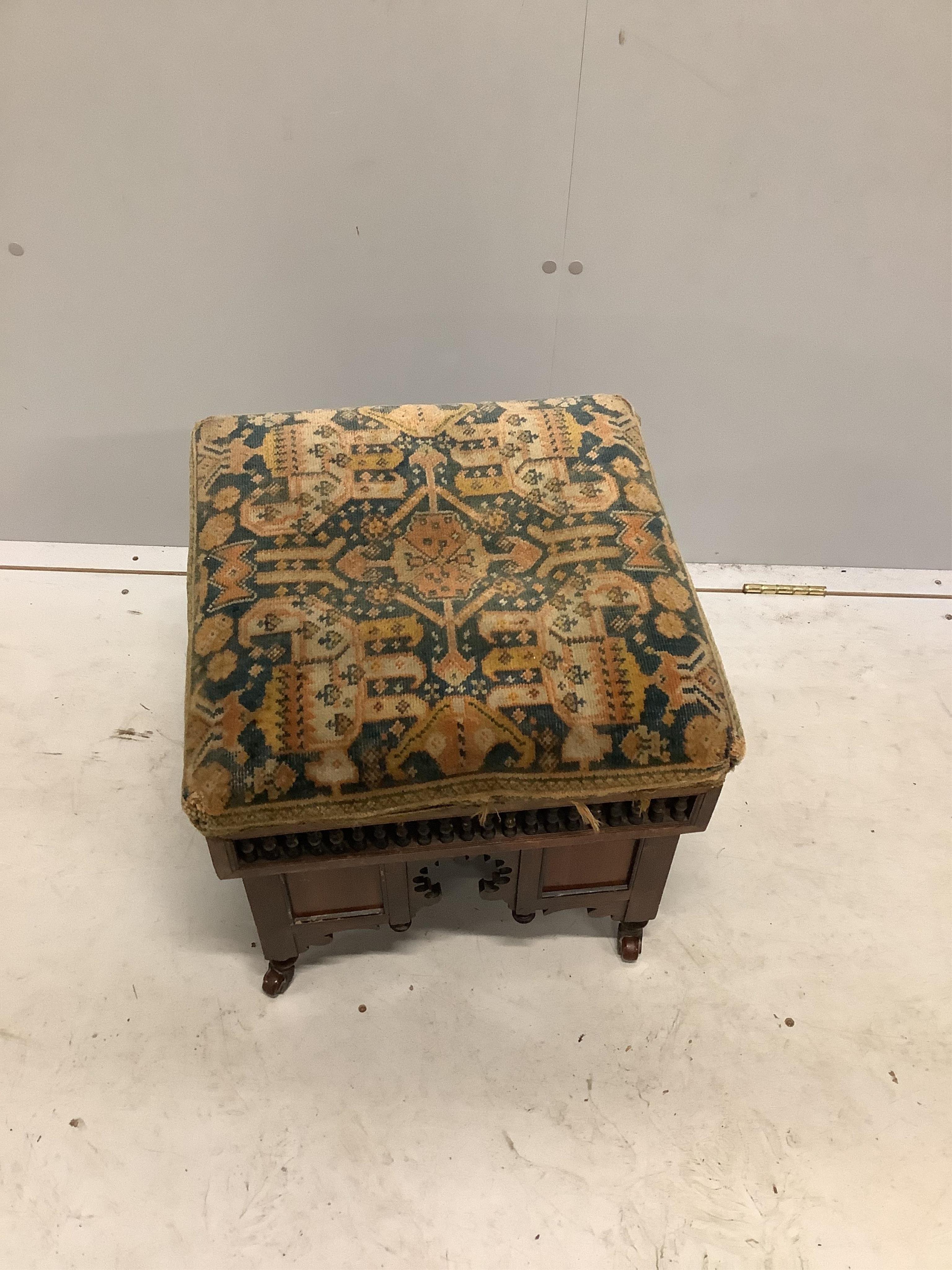 A Moorish style dressing stool in the manner of Liberty & Co, width 44cm, depth 44cm, height 41cm. Condition - fair